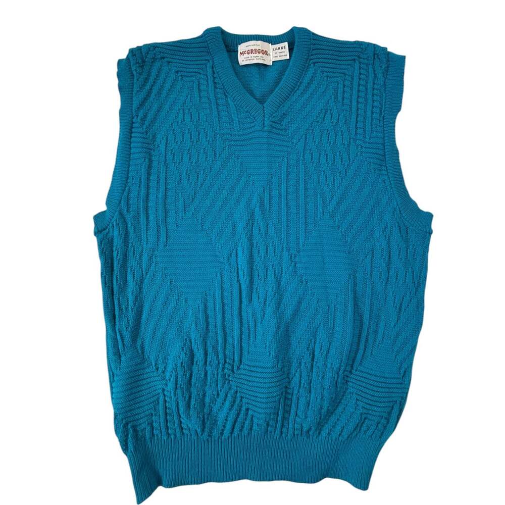 Vintage McGregor 3D Textured Knit V-Neck Sweater Vest Blue Large